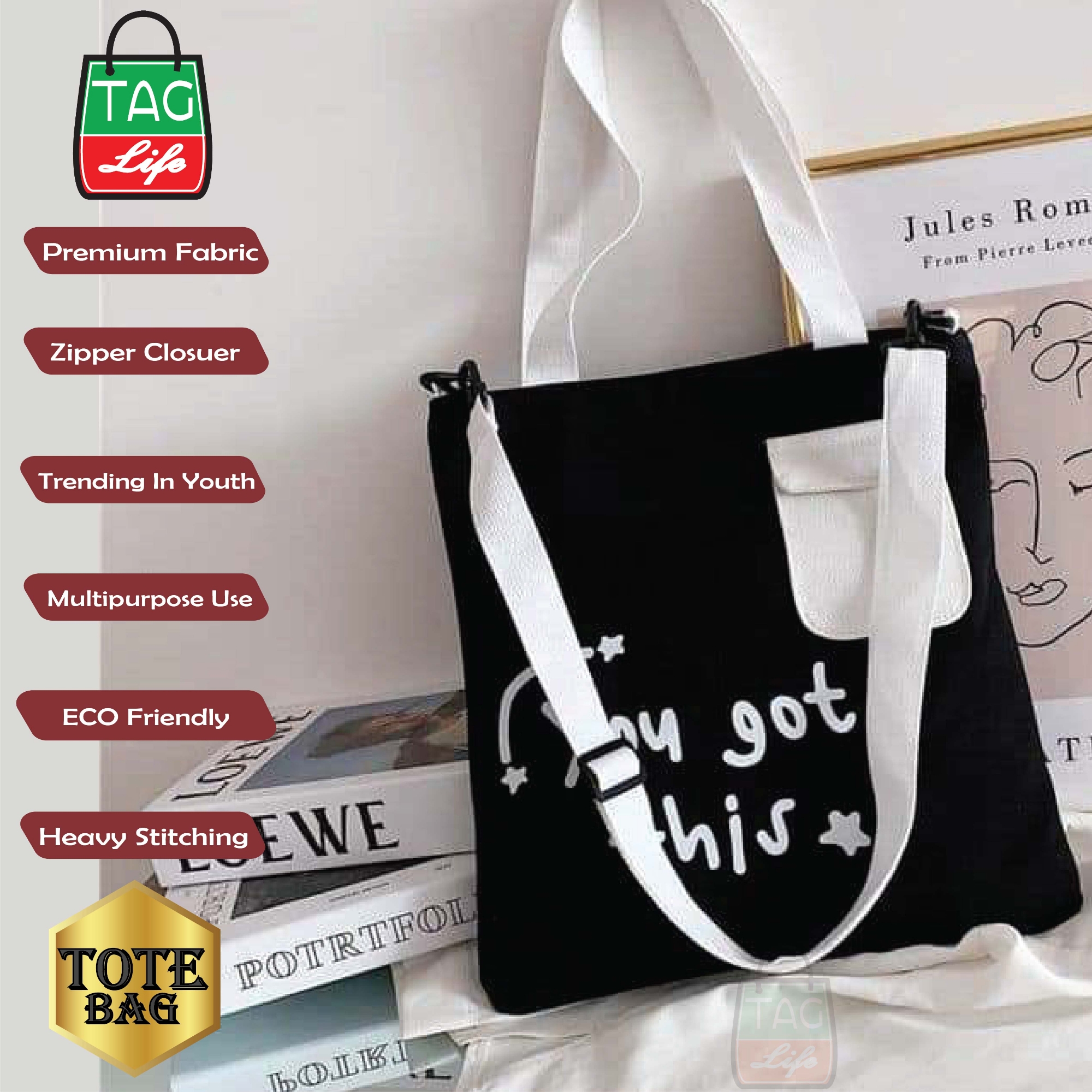 Picture of TAG Lifestyle Canvas Tote Bag YOU GOT THIS Design With Outside Pocket Black Color Tote Bag for girls For University/College/Trendy Fashionable Women