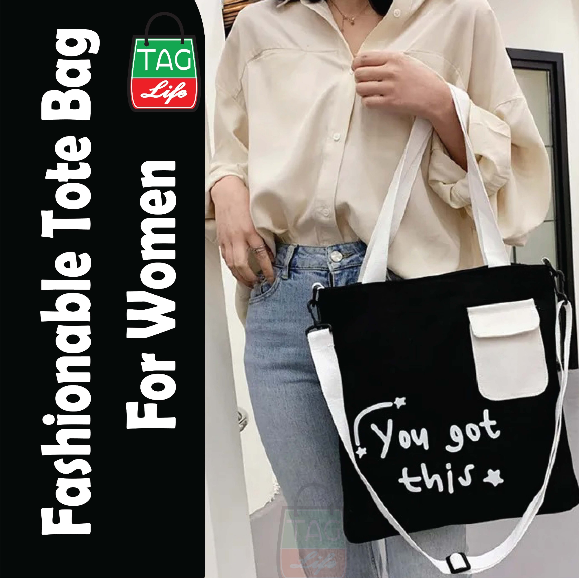 Picture of TAG Lifestyle Canvas Tote Bag YOU GOT THIS Design With Outside Pocket Black Color Tote Bag for girls For University/College/Trendy Fashionable Women
