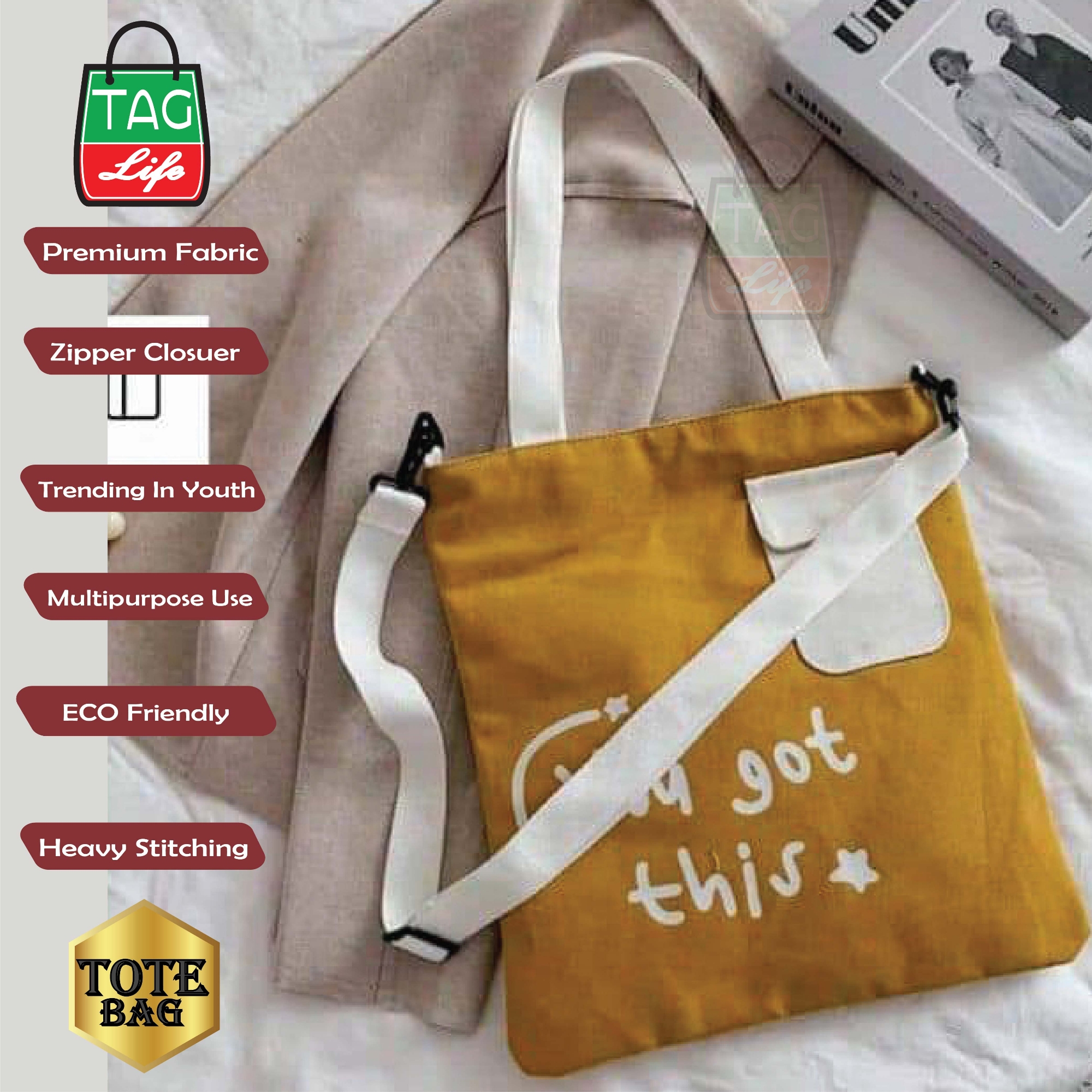 Picture of TAG Lifestyle Canvas Tote Bag YOU GOT THIS Design With Outside Pocket Brown Color Tote Bag for girls For University/College/Trendy Fashionable Women