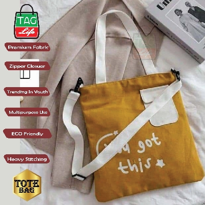 Picture of TAG Lifestyle Canvas Tote Bag YOU GOT THIS Design With Outside Pocket Brown Color Tote Bag for girls For University/College/Trendy Fashionable Women