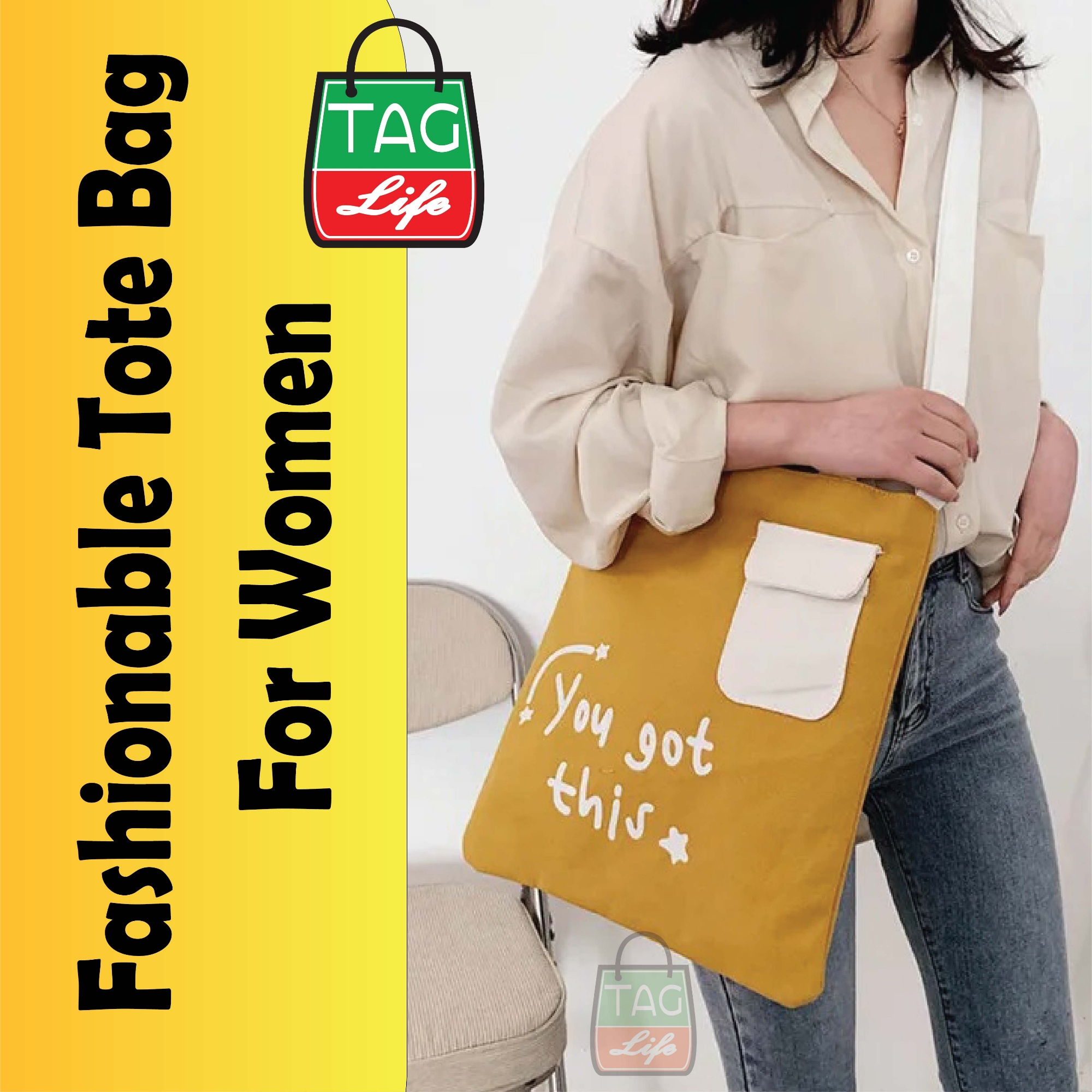 Picture of TAG Lifestyle Canvas Tote Bag YOU GOT THIS Design With Outside Pocket Brown Color Tote Bag for girls For University/College/Trendy Fashionable Women