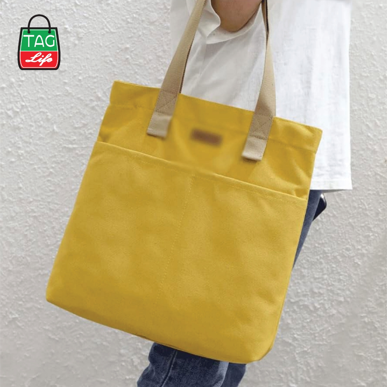 Picture of TAG Lifestyle Canvas Tote Bag/Fashionable Top Handle Golden Yellow Color With 2 Big Outside Pocket and Zipper Enclosure for girls For University/College/Trendy Fashionable Women