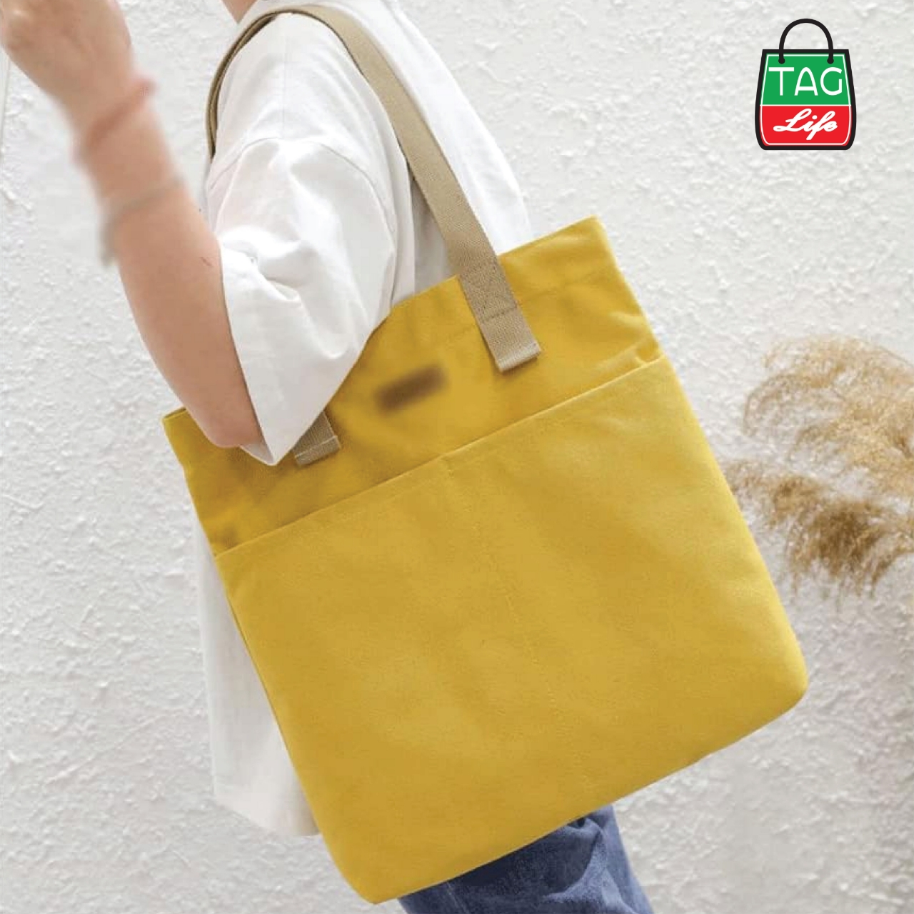 Picture of TAG Lifestyle Canvas Tote Bag/Fashionable Top Handle Golden Yellow Color With 2 Big Outside Pocket and Zipper Enclosure for girls For University/College/Trendy Fashionable Women