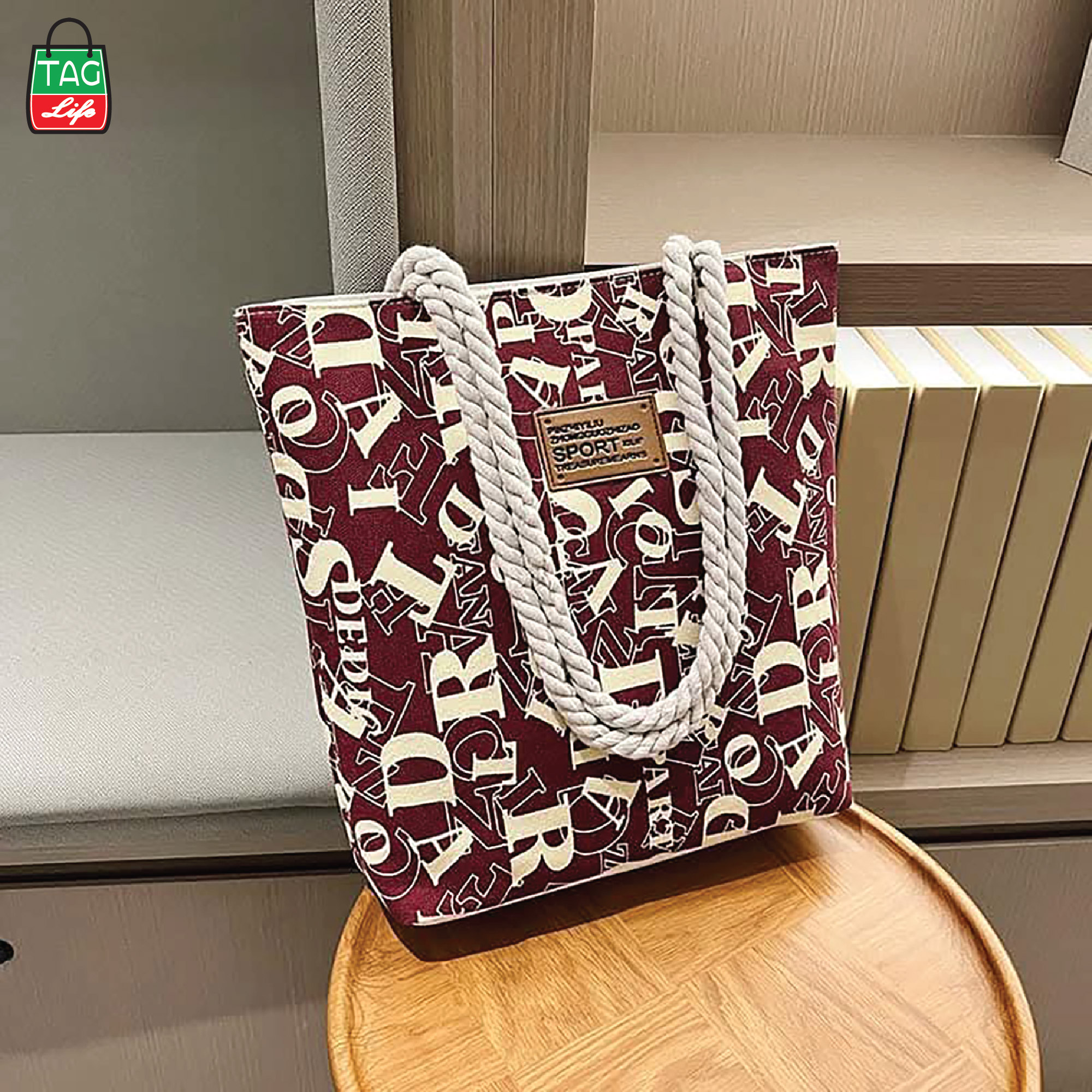 Picture of TAG Lifestyle Alphabet Design Canvas Tote Bag/Fashionable Maroon Color Tote Bag With Zipper Enclosure for girls For University/College/Trendy Fashionable Women