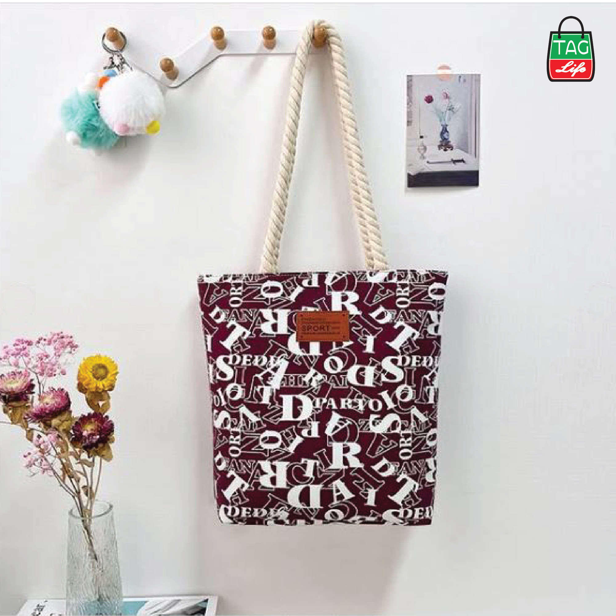 Picture of TAG Lifestyle Alphabet Design Canvas Tote Bag/Fashionable Maroon Color Tote Bag With Zipper Enclosure for girls For University/College/Trendy Fashionable Women