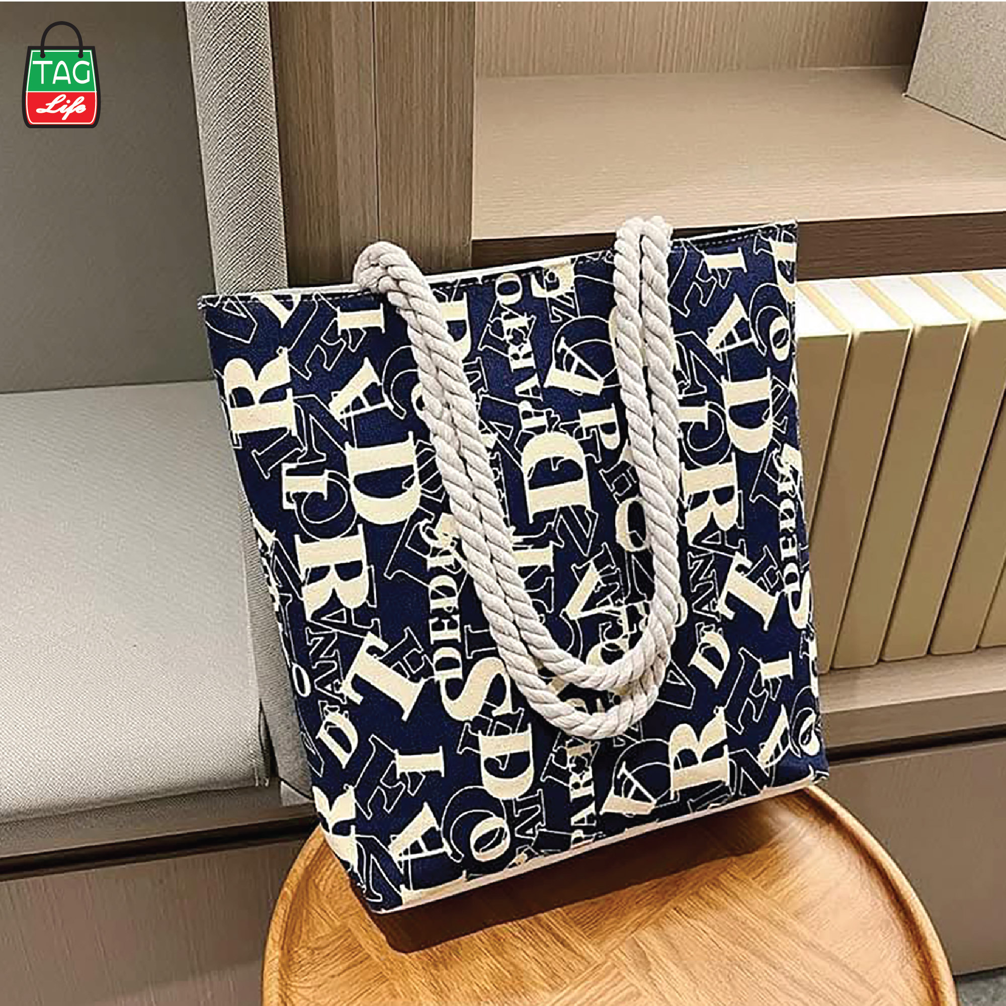 Picture of TAG Lifestyle Alphabet Design Canvas Tote Bag/Fashionable Blue Color Tote Bag With Zipper Enclosure for girls For University/College/Trendy Fashionable Women