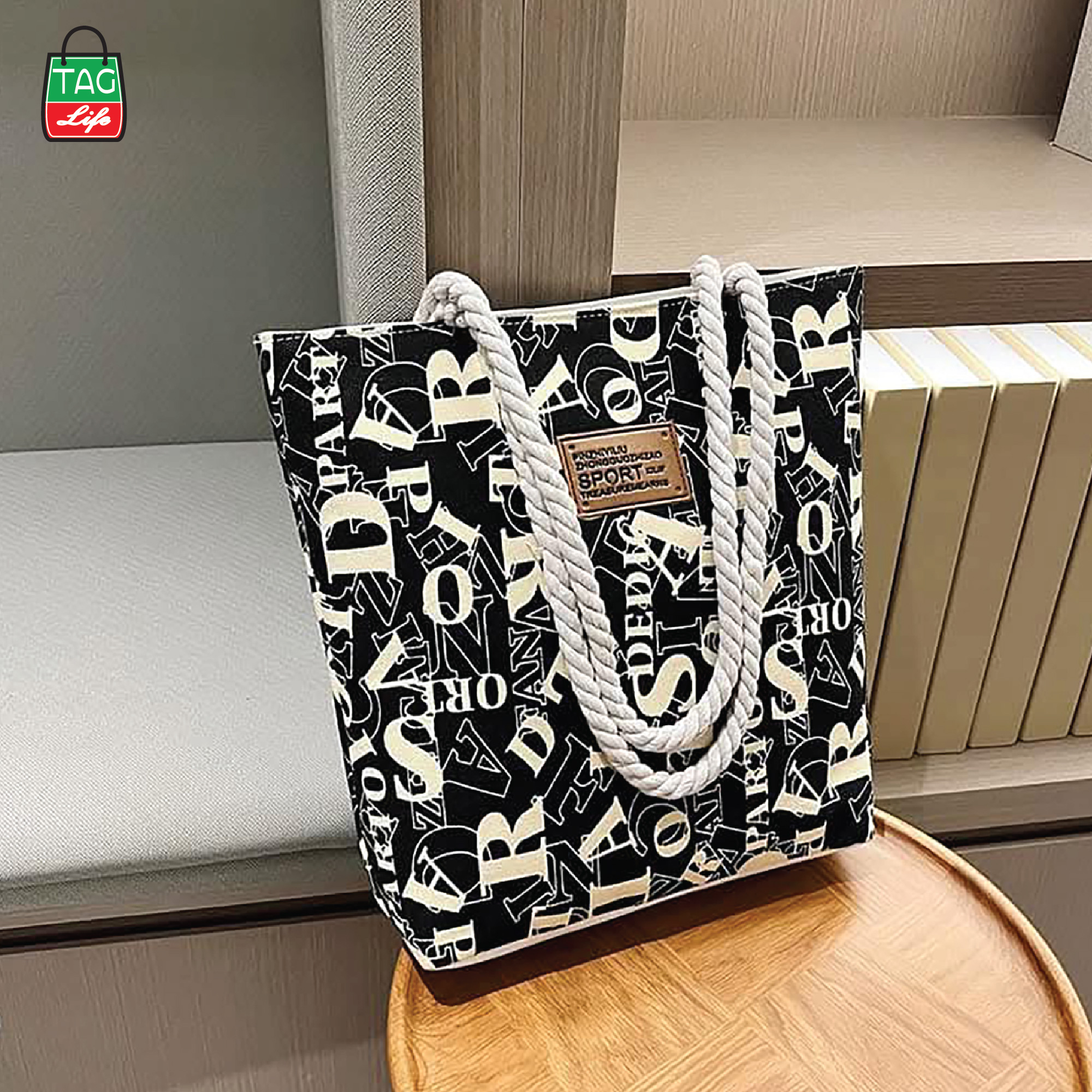 Picture of TAG Lifestyle Alphabet Design Canvas Tote Bag/Fashionable Blue Color Tote Bag With Zipper Enclosure for girls For University/College/Trendy Fashionable Women