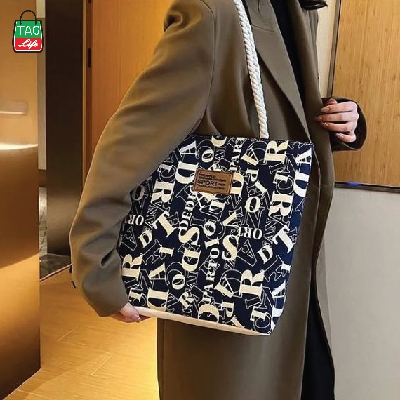 Picture of TAG Lifestyle Alphabet Design Canvas Tote Bag/Fashionable Blue Color Tote Bag With Zipper Enclosure for girls For University/College/Trendy Fashionable Women