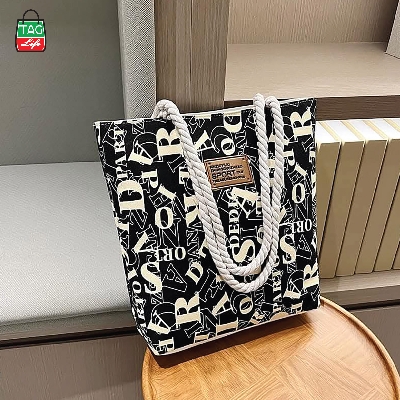 Picture of TAG Lifestyle Alphabet Design Canvas Tote Bag/Fashionable Black Color Tote Bag With Zipper Enclosure for girls For University/College/Trendy Fashionable Women