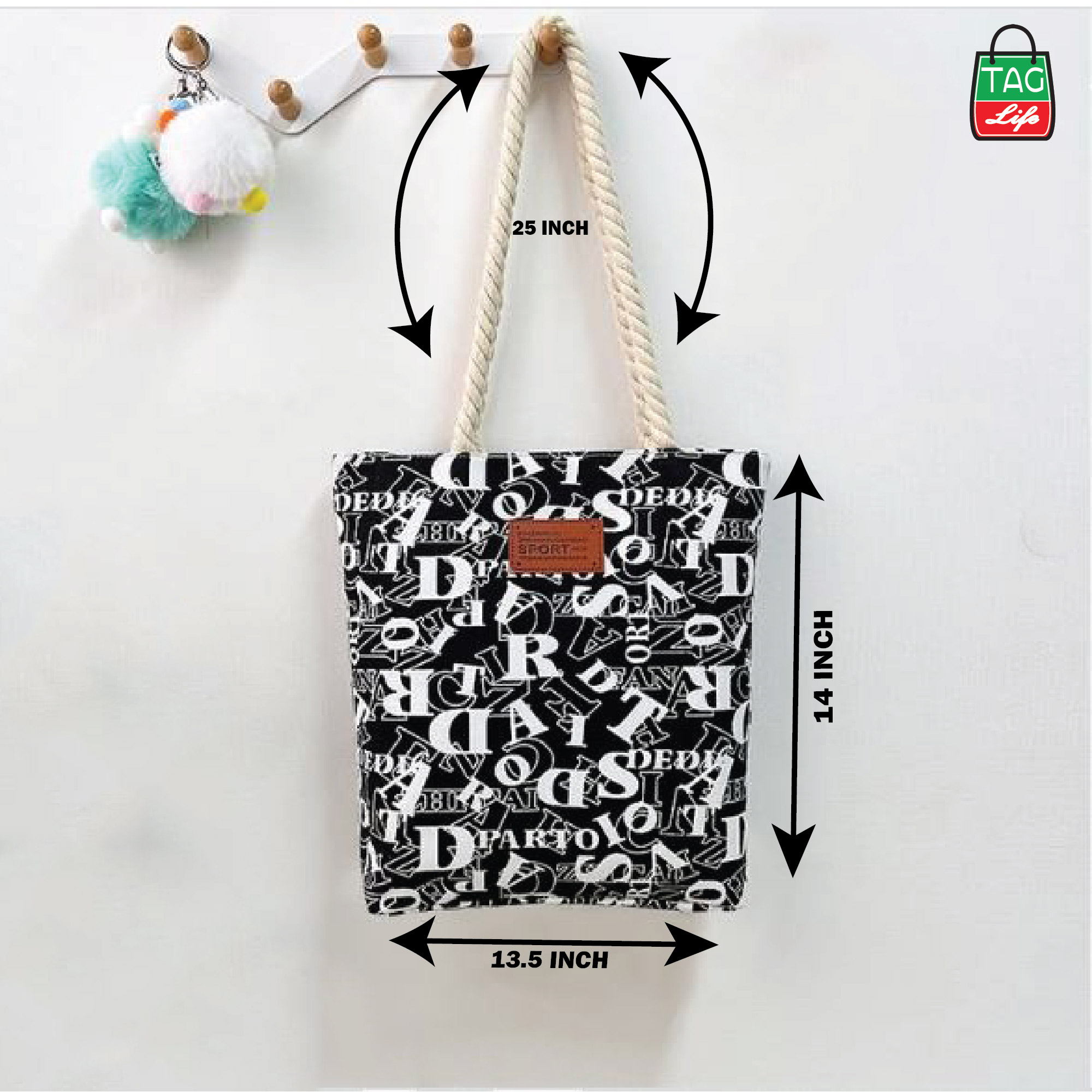 Picture of TAG Lifestyle Alphabet Design Canvas Tote Bag/Fashionable Black Color Tote Bag With Zipper Enclosure for girls For University/College/Trendy Fashionable Women