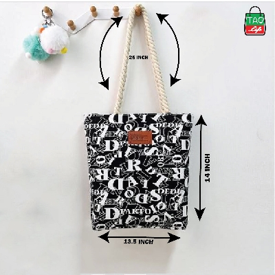 Picture of TAG Lifestyle Alphabet Design Canvas Tote Bag/Fashionable Black Color Tote Bag With Zipper Enclosure for girls For University/College/Trendy Fashionable Women