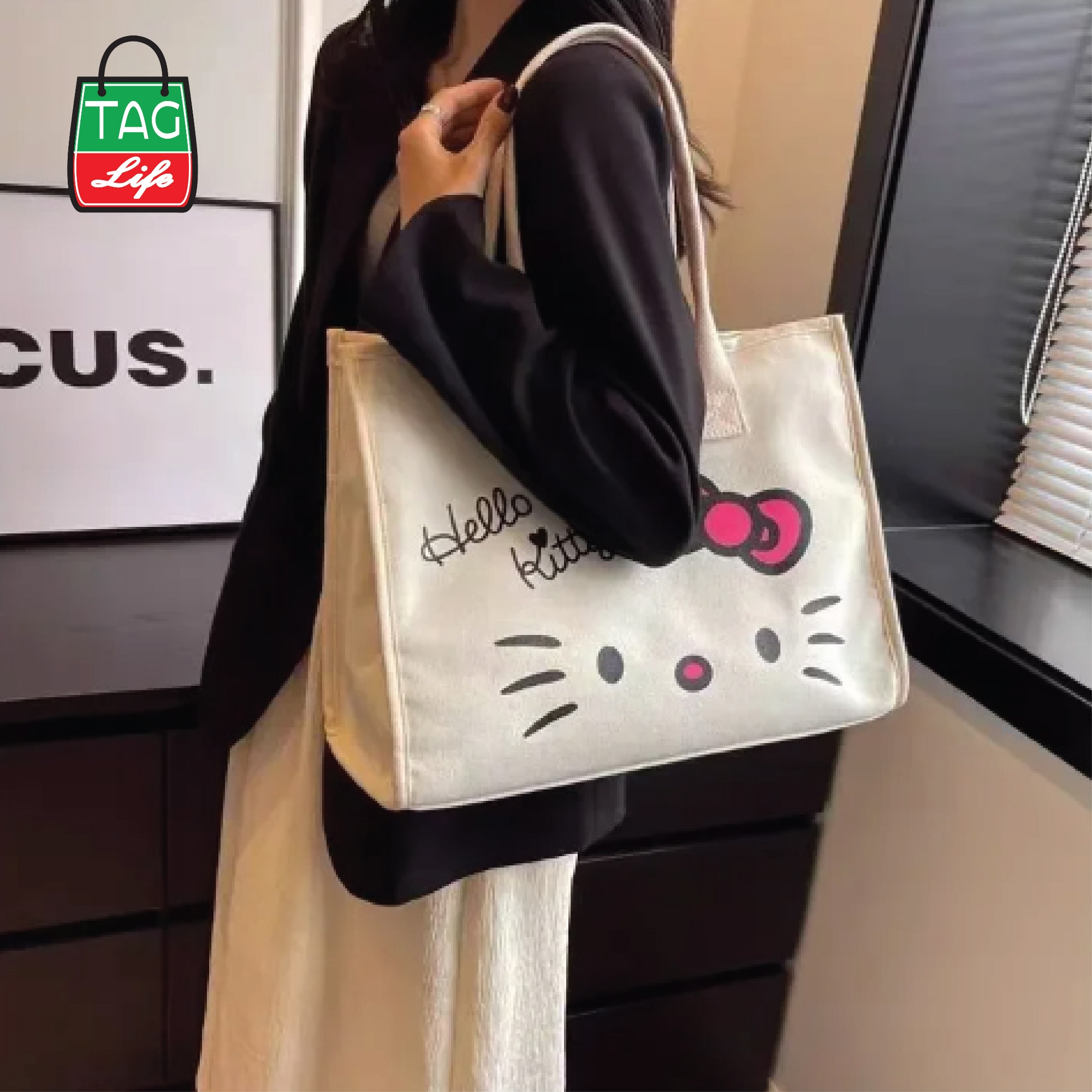 Picture of Product Details TAG Lifestyle Canvas Tote Bag/Fashionable  Hello Kitty Tote Bag With Zipper Enclosure for Girls For University/College/Trendy Fashionable Women