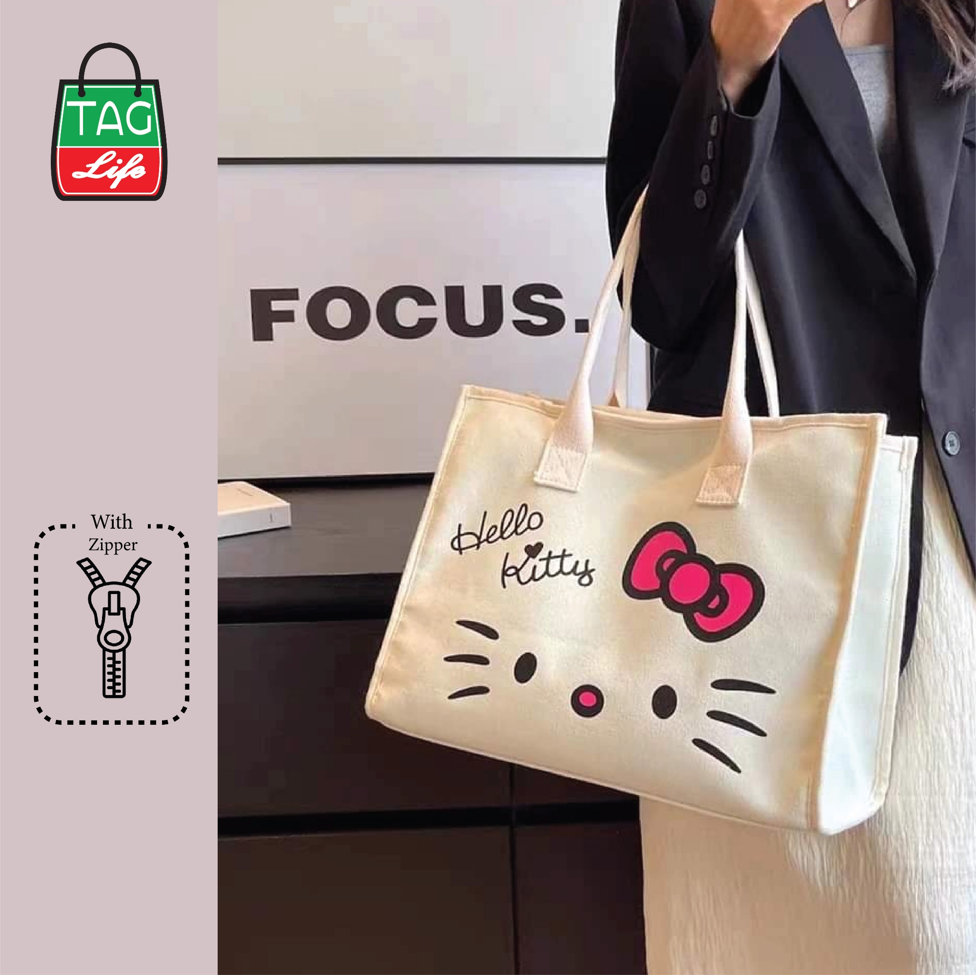 Picture of TAG Lifestyle Canvas Tote Bag/Fashionable  Hello Kitty Tote Bag With Zipper Enclosure for Girls For University/College/Trendy Fashionable Women