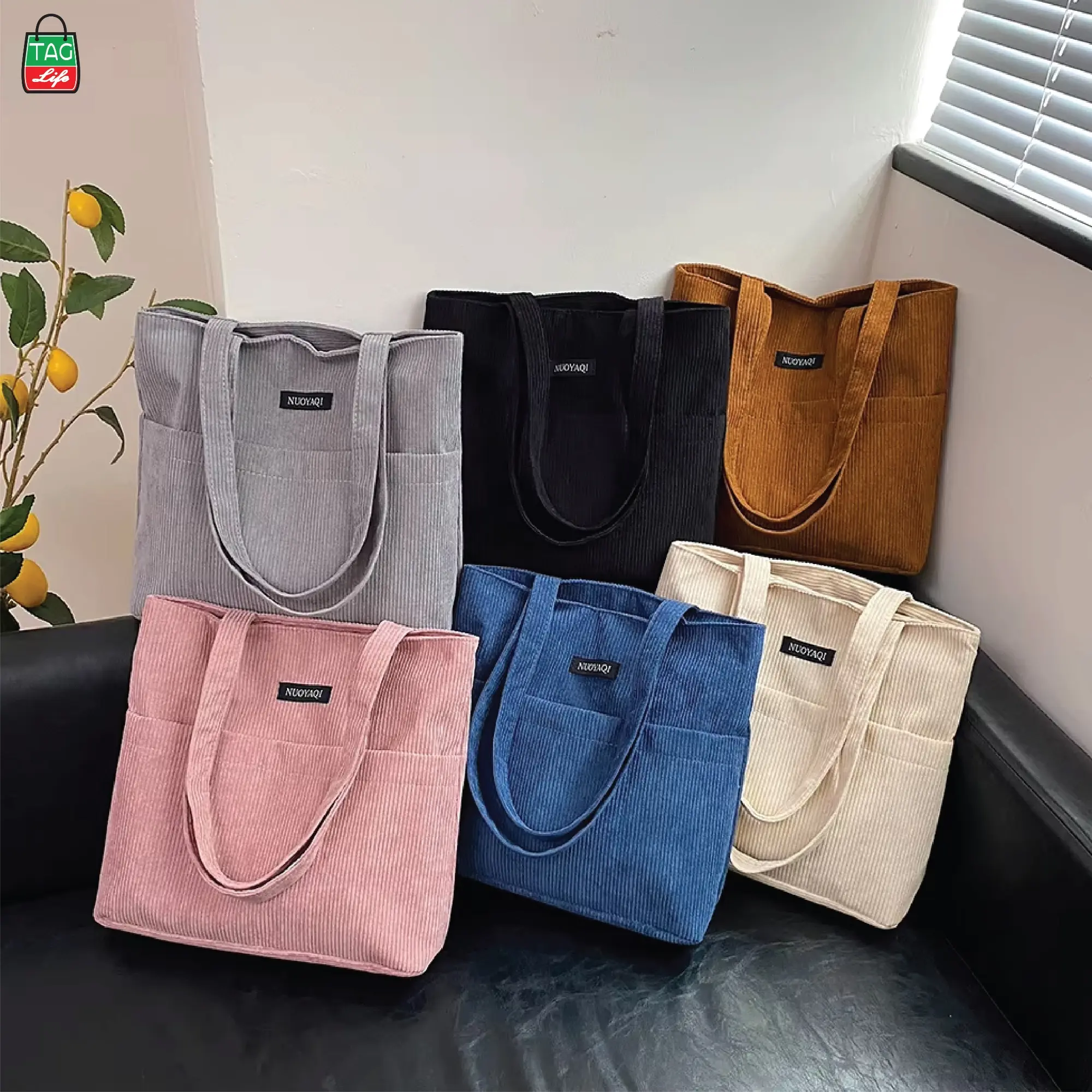 Picture of TAG Lifestyle Corduroy Tote Bag, Shopping Bag, Girls & Ladies Bag, outside pocket Top Handle different color Tote Bag for University/College/Girls students & Women