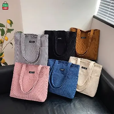 Picture of TAG Lifestyle Corduroy Tote Bag, Shopping Bag, Girls & Ladies Bag, outside pocket Top Handle different color Tote Bag for University/College/Girls students & Women