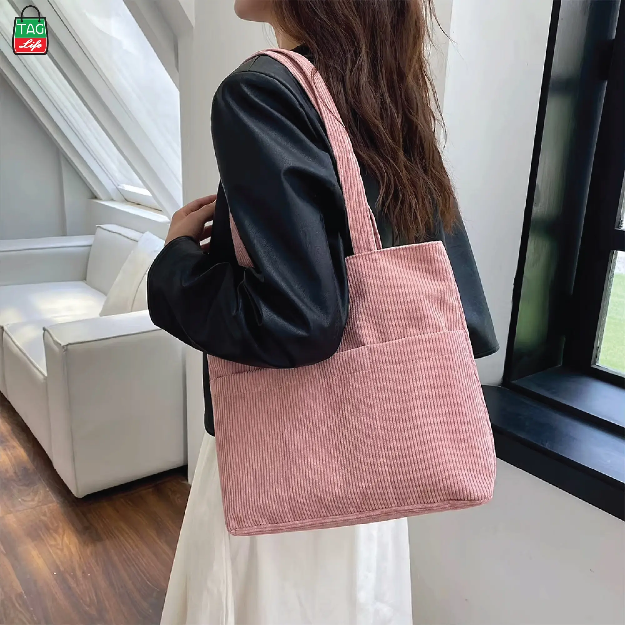 Picture of TAG Lifestyle Corduroy Tote Bag, Shopping Bag, Girls & Ladies Bag, outside pocket Top Handle different color Tote Bag for University/College/Girls students & Women