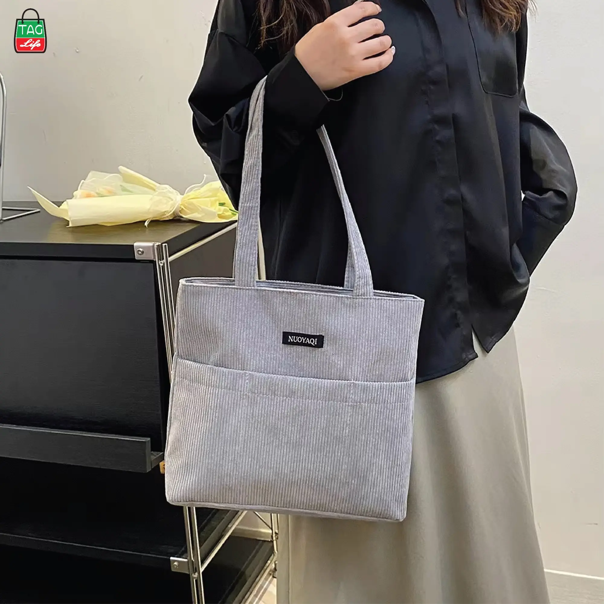 Picture of TAG Lifestyle Corduroy Tote Bag, Shopping Bag, Girls & Ladies Bag, outside pocket Top Handle different color Tote Bag for University/College/Girls students & Women