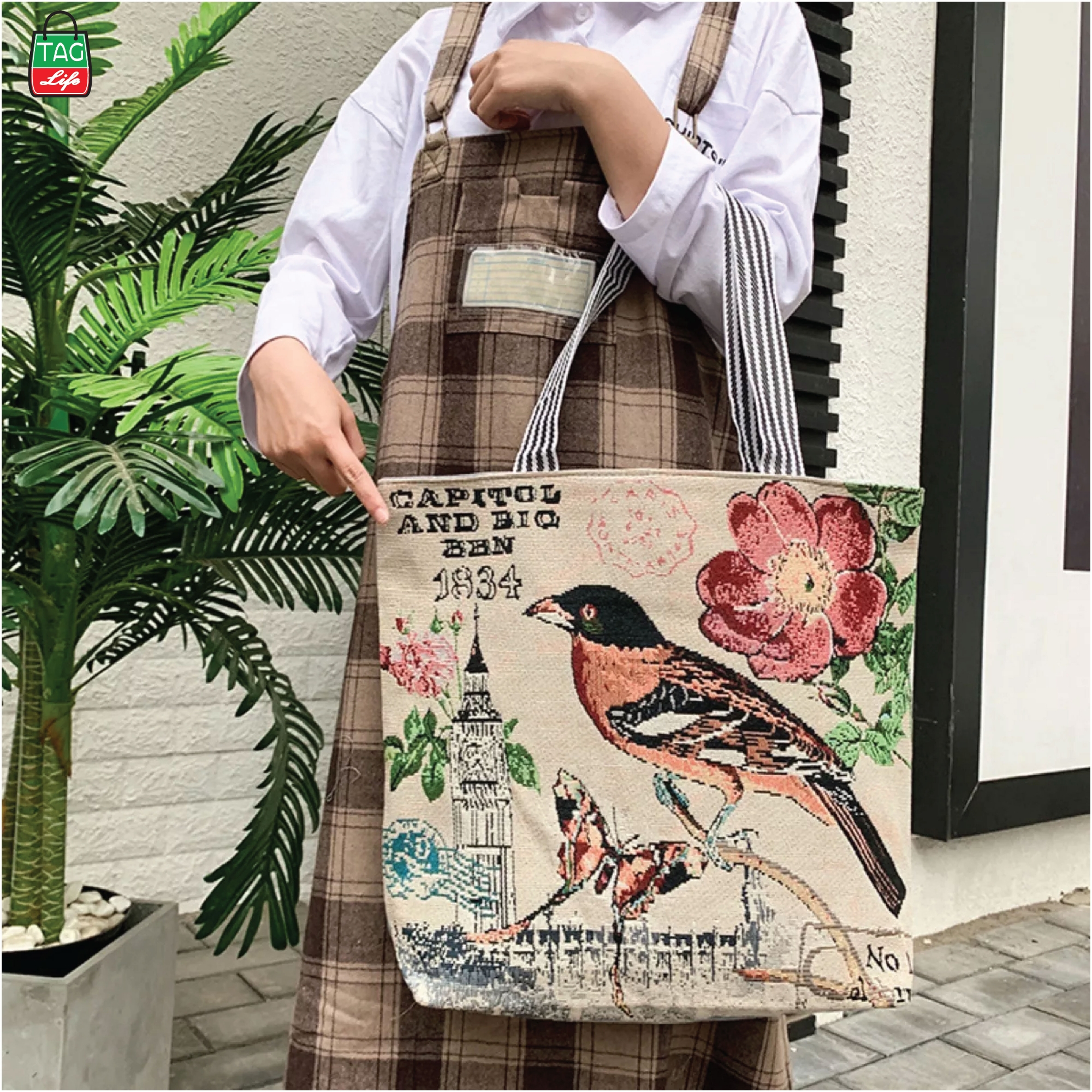 Picture of TAG Lifestyle Jacquard Embroidered Print Canvas Tote Bag Shopping Bag, Girls & Ladies Bag, Inside pocket Top Handle Tote Bag for University/College/Girls Students &  Fashionable Women