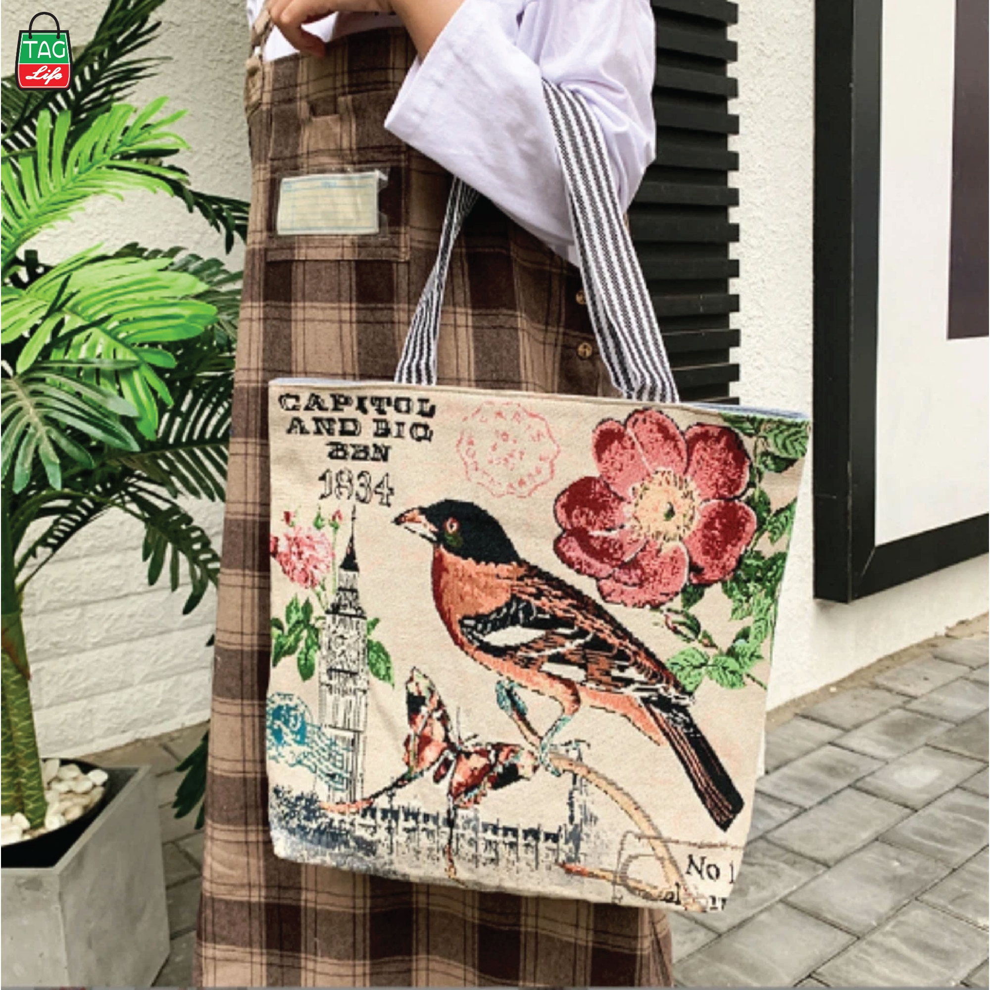 Picture of TAG Lifestyle Jacquard Embroidered Print Canvas Tote Bag Shopping Bag, Girls & Ladies Bag, Inside pocket Top Handle Tote Bag for University/College/Girls Students &  Fashionable Women