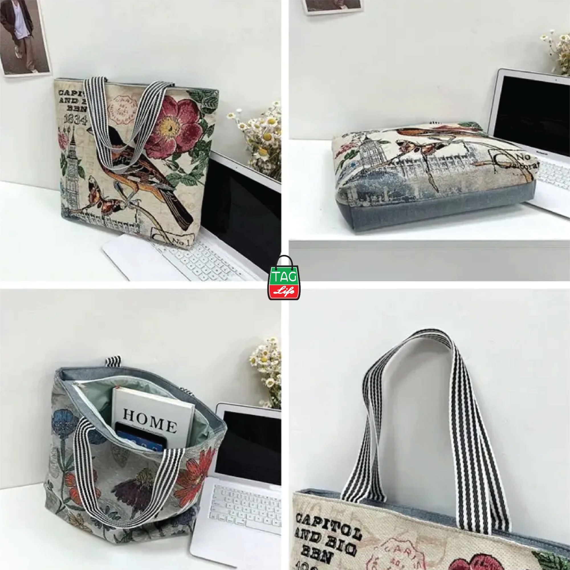 Picture of TAG Lifestyle Jacquard Embroidered Print Canvas Tote Bag Shopping Bag, Girls & Ladies Bag, Inside pocket Top Handle Tote Bag for University/College/Girls Students &  Fashionable Women