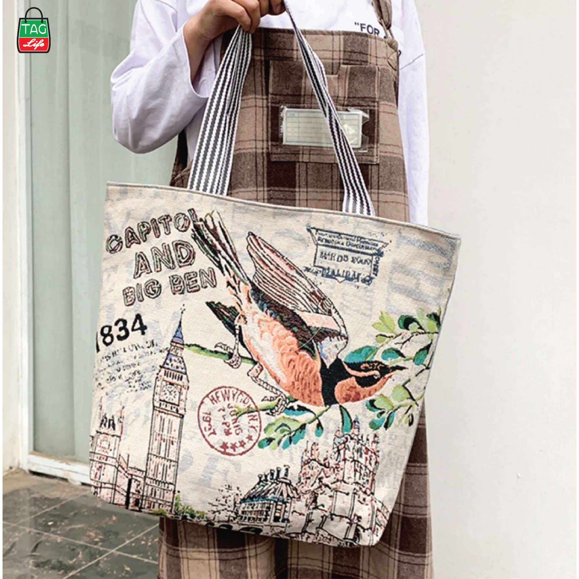 Picture of TAG Lifestyle Jacquard Embroidered Print Canvas Tote Bag Shopping Bag, Girls & Ladies Bag, Inside pocket Top Handle Tote Bag for University/College/Girls Students &  Fashionable Women