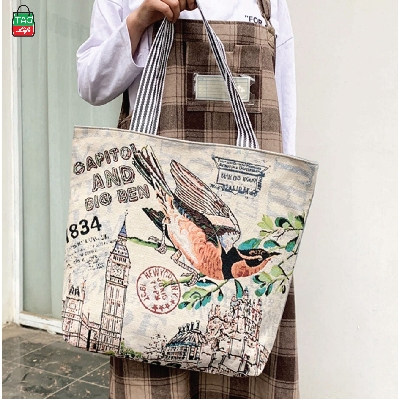 Picture of TAG Lifestyle Jacquard Embroidered Print Canvas Tote Bag Shopping Bag, Girls & Ladies Bag, Inside pocket Top Handle Tote Bag for University/College/Girls Students &  Fashionable Women