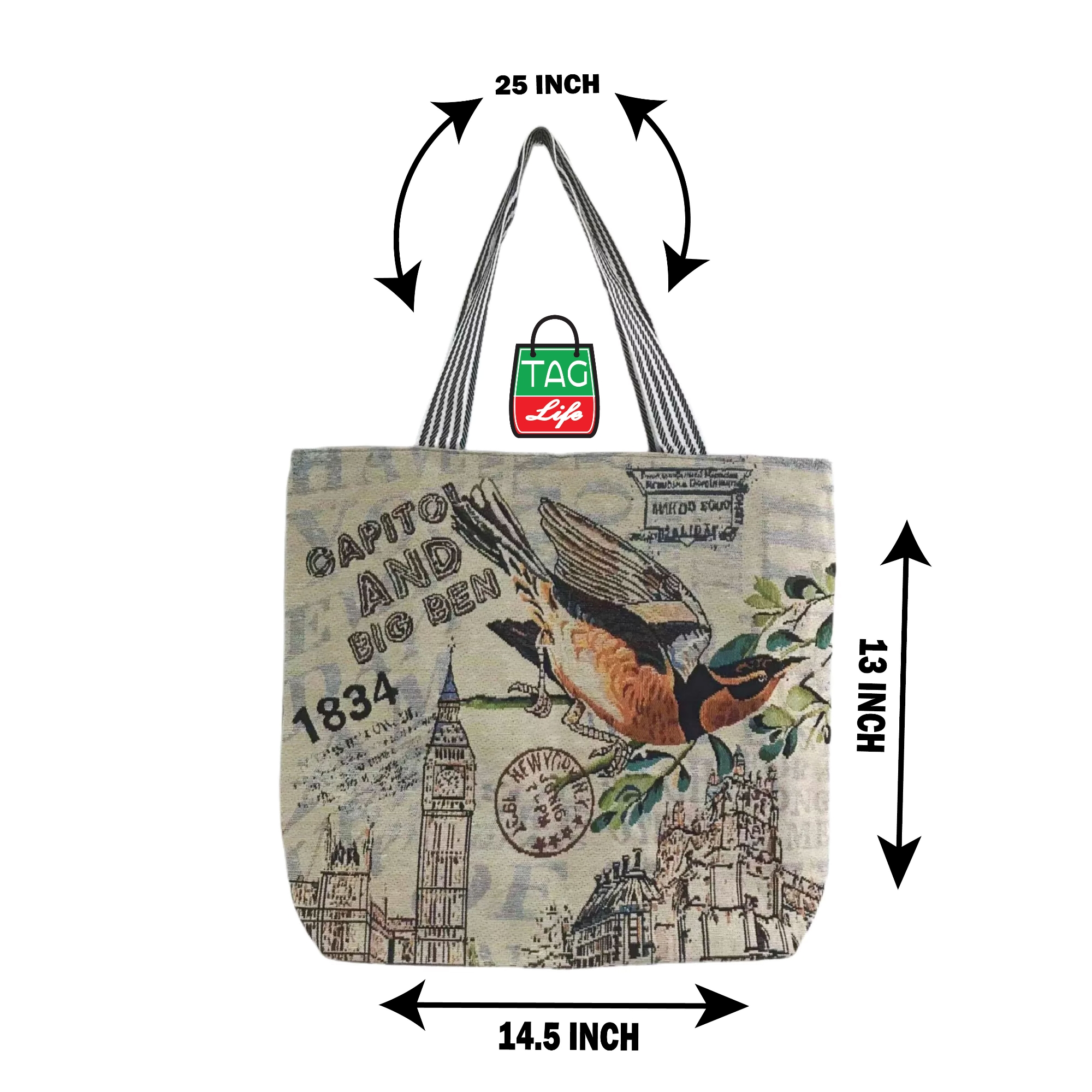 Picture of TAG Lifestyle Jacquard Embroidered Print Canvas Tote Bag Shopping Bag, Girls & Ladies Bag, Inside pocket Top Handle Tote Bag for University/College/Girls Students &  Fashionable Women