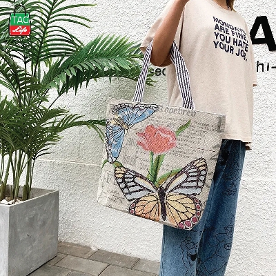 Picture of TAG Lifestyle Jacquard Embroidered Print Canvas Tote Bag Shopping Bag, Girls & Ladies Bag, Inside pocket Top Handle Tote Bag for University/College/Girls Students &  Fashionable Women