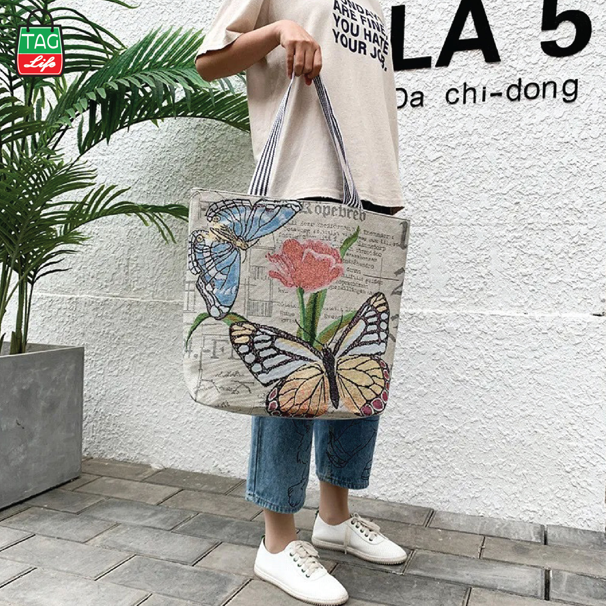 Picture of TAG Lifestyle Jacquard Embroidered Print Canvas Tote Bag Shopping Bag, Girls & Ladies Bag, Inside pocket Top Handle Tote Bag for University/College/Girls Students &  Fashionable Women