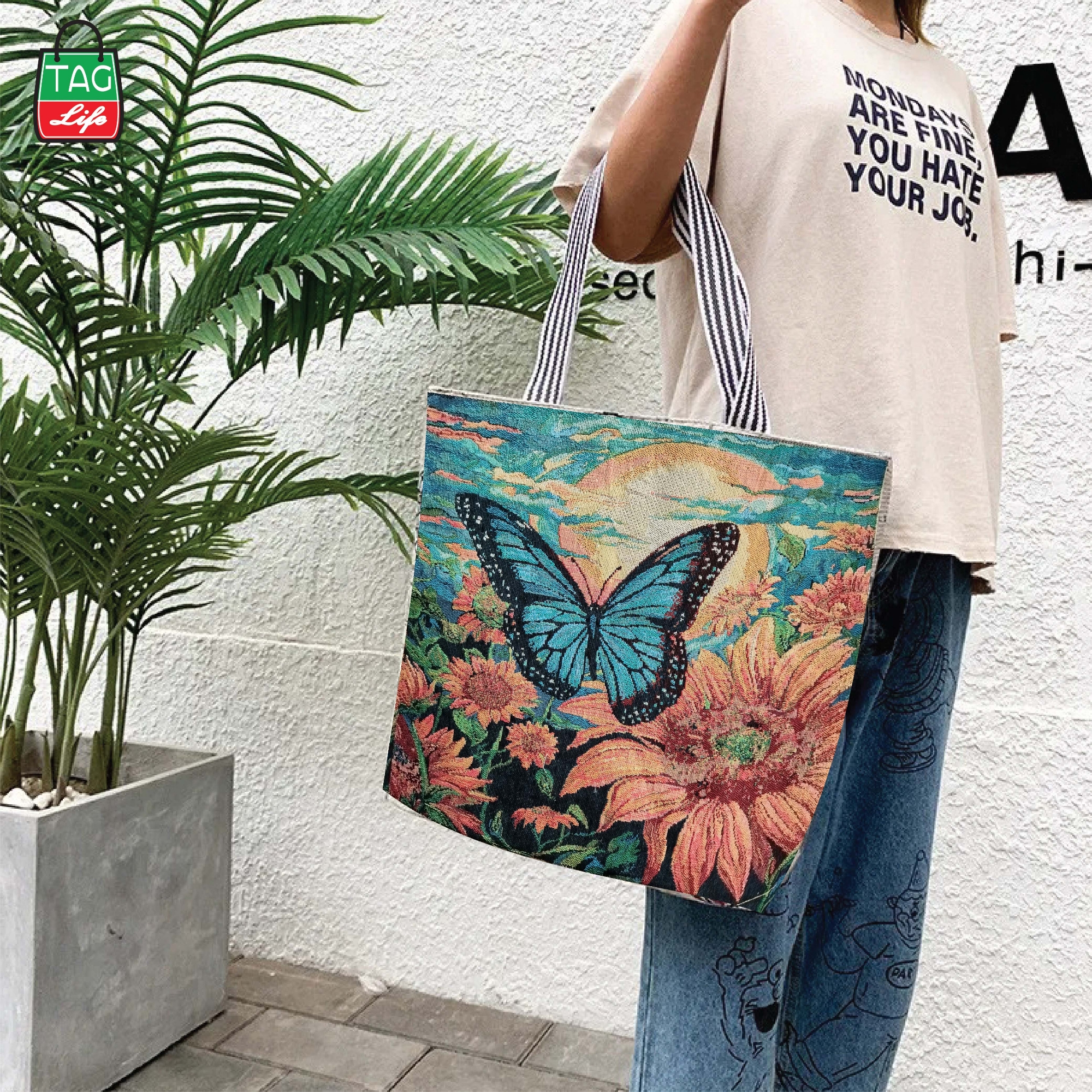 Picture of Product details of  TAG Lifestyle Retro Embroidered Print Canvas Tote Bag Shopping Bag, Girls & Ladies Jacquard Embroidered Bag, Inside pocket Top Handle Tote Bag for University/College/Girls Students And Fashionable Women