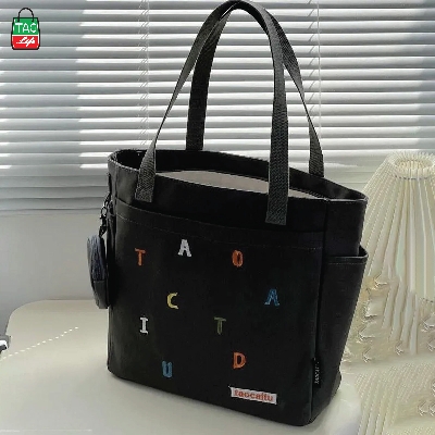 Picture of TAG Lifestyle Exclusive Design embroidery Canvas Tote Bag, Fashionable Top Handle Black Color With 4 Outside Pockets Trendy Fashionable Tote Bag for University, College Students Girls And Women