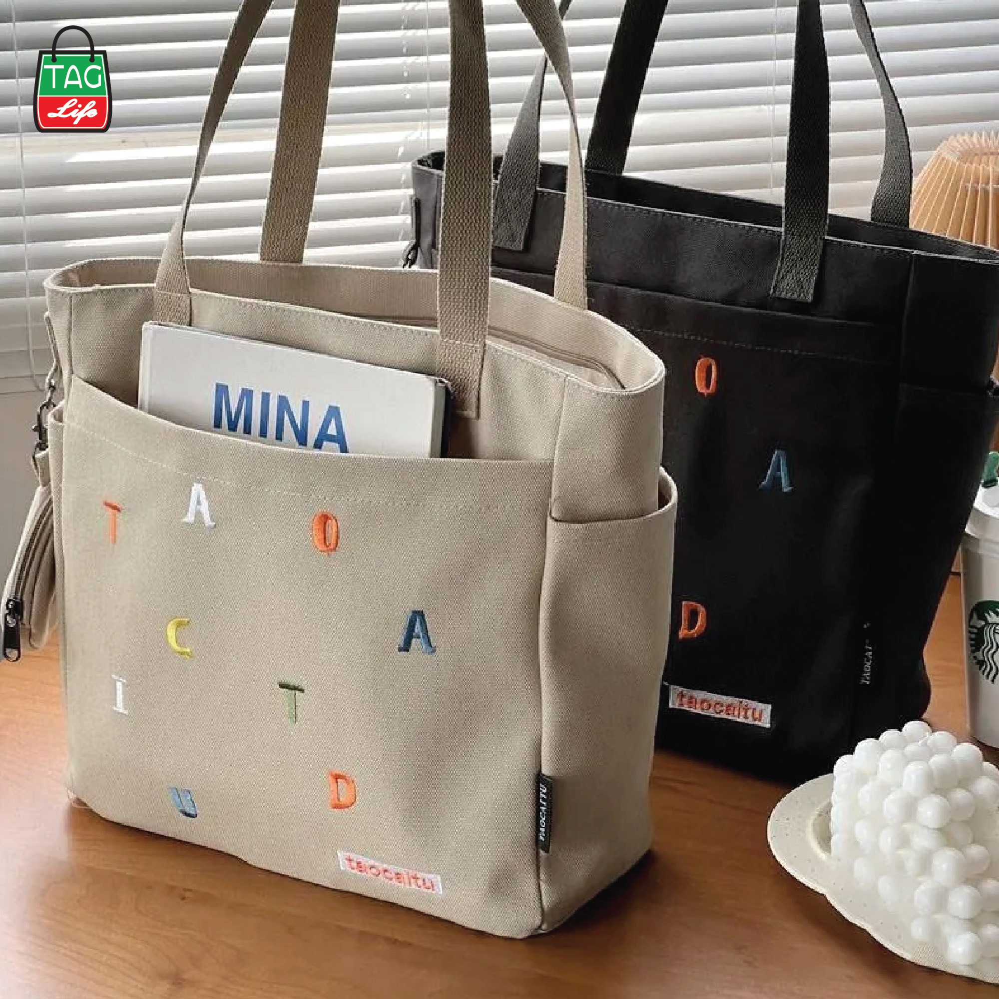 Picture of TAG Lifestyle Exclusive Design embroidery Canvas Tote Bag, Fashionable Top Handle Black Color With 4 Outside Pockets Trendy Fashionable Tote Bag for University, College Students Girls And Women