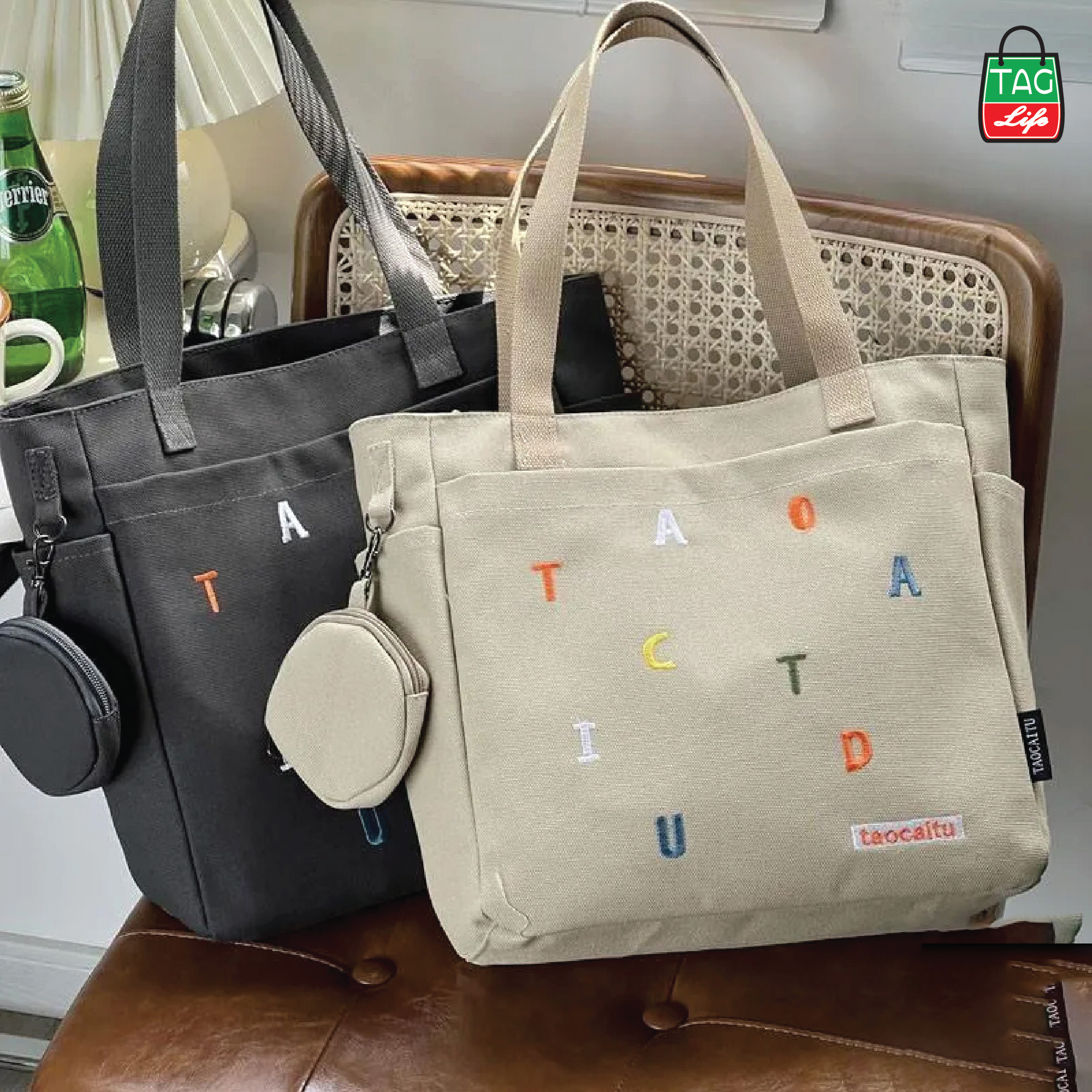 Picture of TAG Lifestyle Exclusive Design embroidery Canvas Tote Bag, Fashionable Top Handle Black Color With 4 Outside Pockets Trendy Fashionable Tote Bag for University, College Students Girls And Women