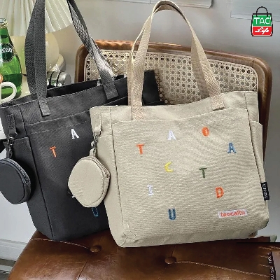 Picture of TAG Lifestyle Exclusive Design embroidery Canvas Tote Bag, Fashionable Top Handle Black Color With 4 Outside Pockets Trendy Fashionable Tote Bag for University, College Students Girls And Women