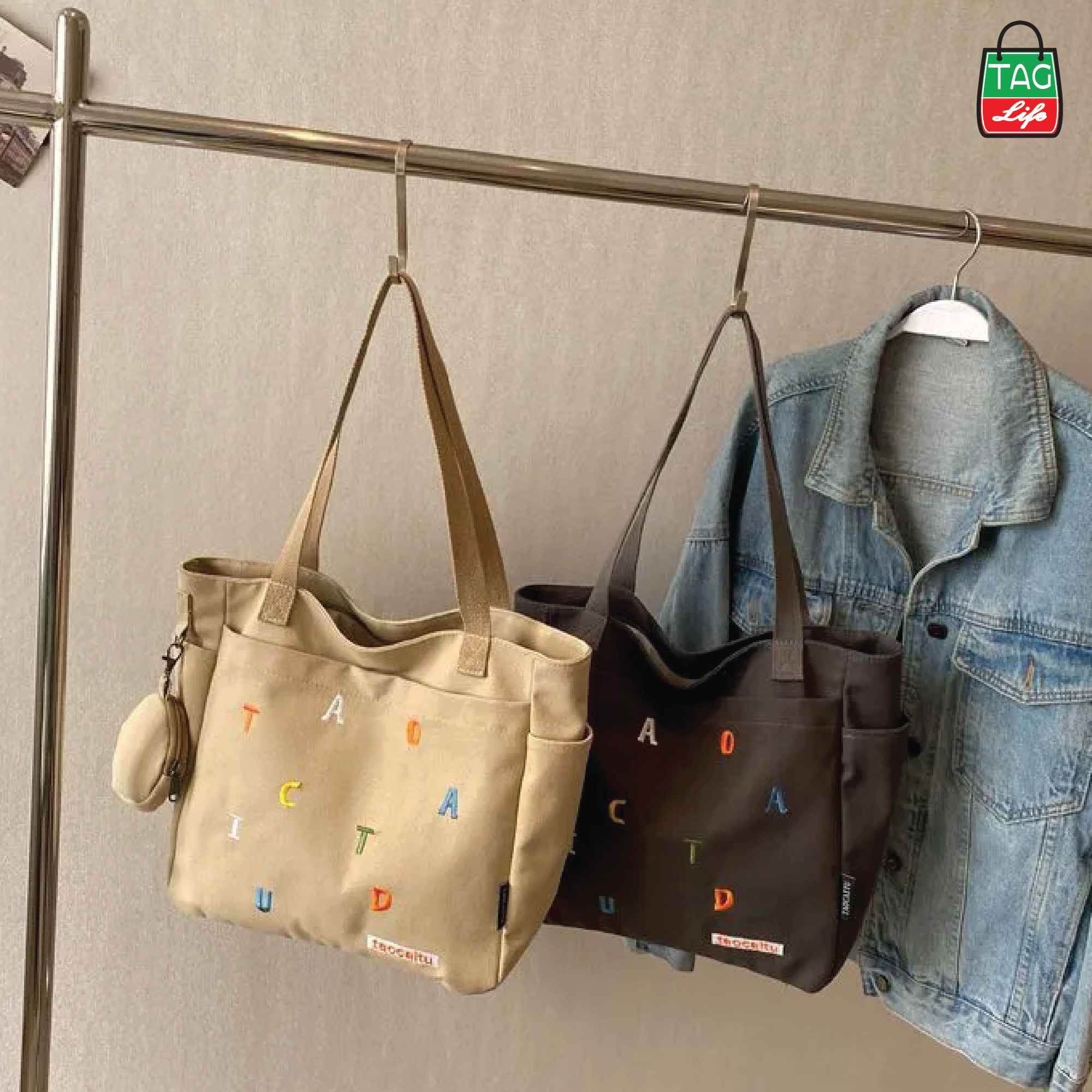 Picture of TAG Lifestyle Exclusive Design embroidery Canvas Tote Bag, Fashionable Top Handle Ash Color With 4 Outside Pockets Trendy Fashionable Tote Bag for University, College Students Girls And Women