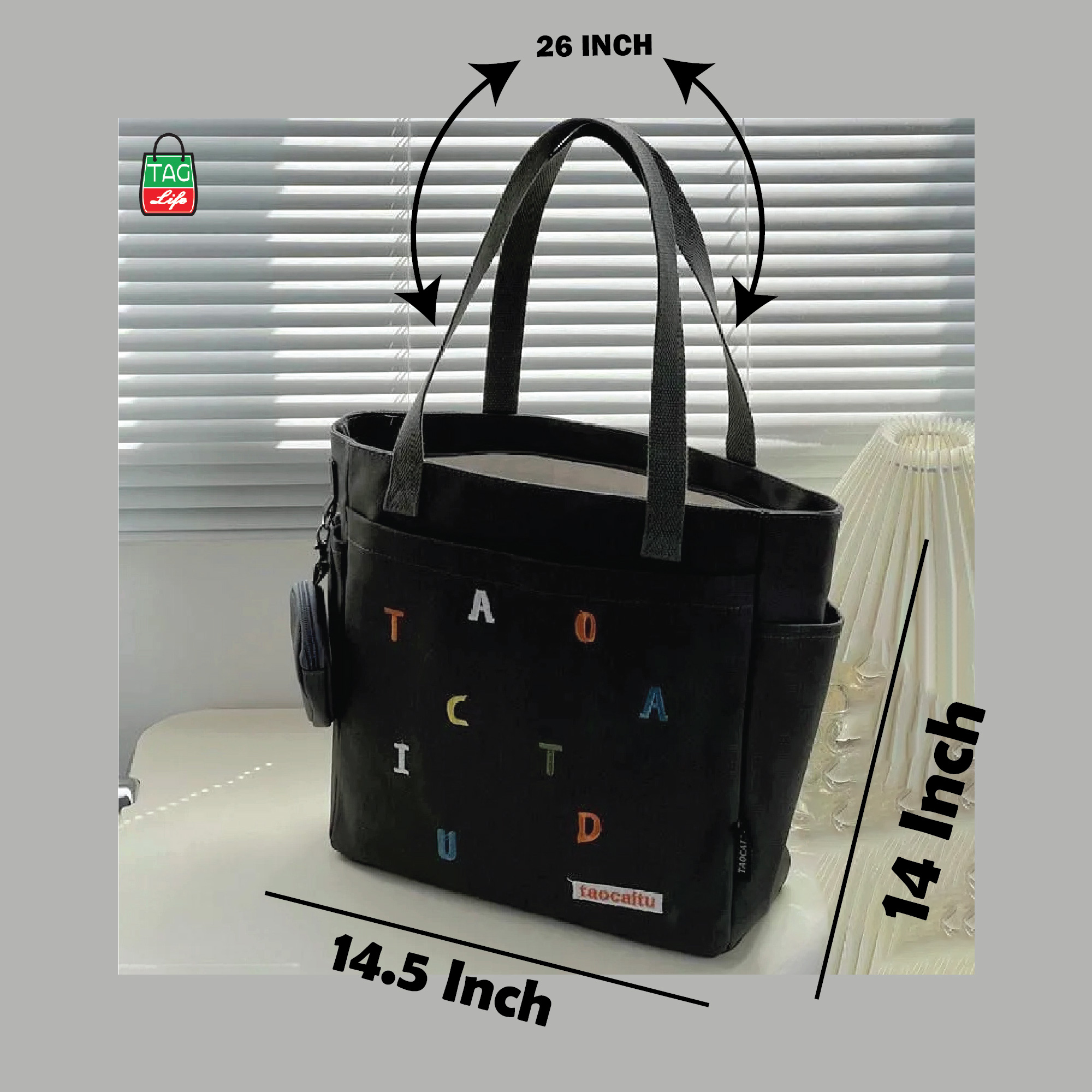 Picture of TAG Lifestyle Exclusive Design embroidery Canvas Tote Bag, Fashionable Top Handle Ash Color With 4 Outside Pockets Trendy Fashionable Tote Bag for University, College Students Girls And Women