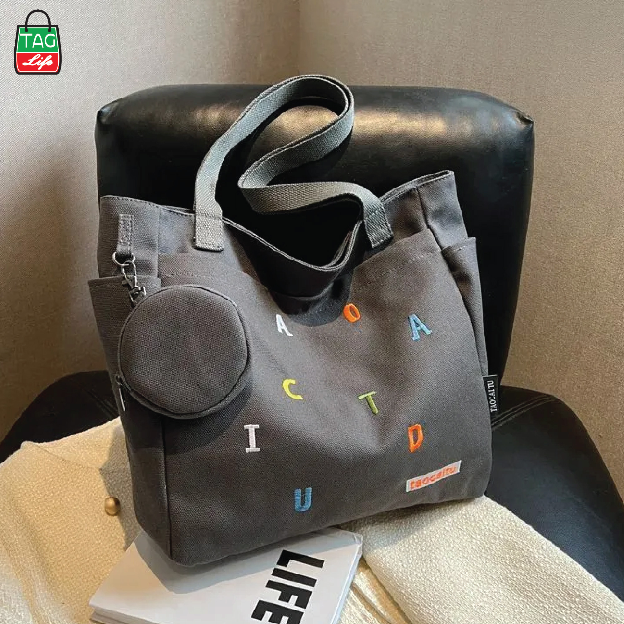 Picture of TAG Lifestyle Exclusive Design embroidery Canvas Tote Bag, Fashionable Top Handle Ash Color With 4 Outside Pockets Trendy Fashionable Tote Bag for University, College Students Girls And Women