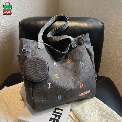 Picture of TAG Lifestyle Exclusive Design embroidery Canvas Tote Bag, Fashionable Top Handle Ash Color With 4 Outside Pockets Trendy Fashionable Tote Bag for University, College Students Girls And Women