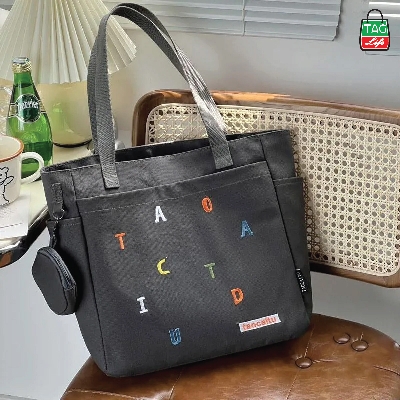 Picture of TAG Lifestyle Exclusive Design embroidery Canvas Tote Bag, Fashionable Top Handle Ash Color With 4 Outside Pockets Trendy Fashionable Tote Bag for University, College Students Girls And Women
