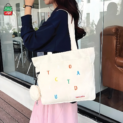 Picture of TAG Lifestyle Exclusive Design embroidery Canvas Tote Bag, Fashionable Top Handle Off White Color With 4 Outside Pockets Trendy Fashionable Tote Bag for University, College Students Girls And Women