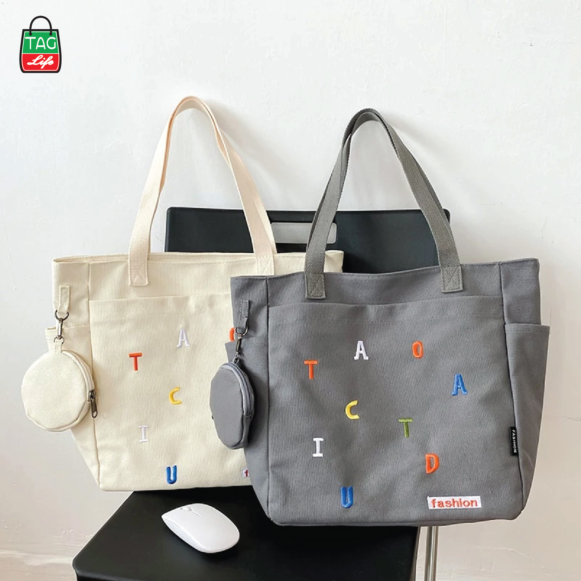 Picture of TAG Lifestyle Exclusive Design embroidery Canvas Tote Bag, Fashionable Top Handle Off White Color With 4 Outside Pockets Trendy Fashionable Tote Bag for University, College Students Girls And Women