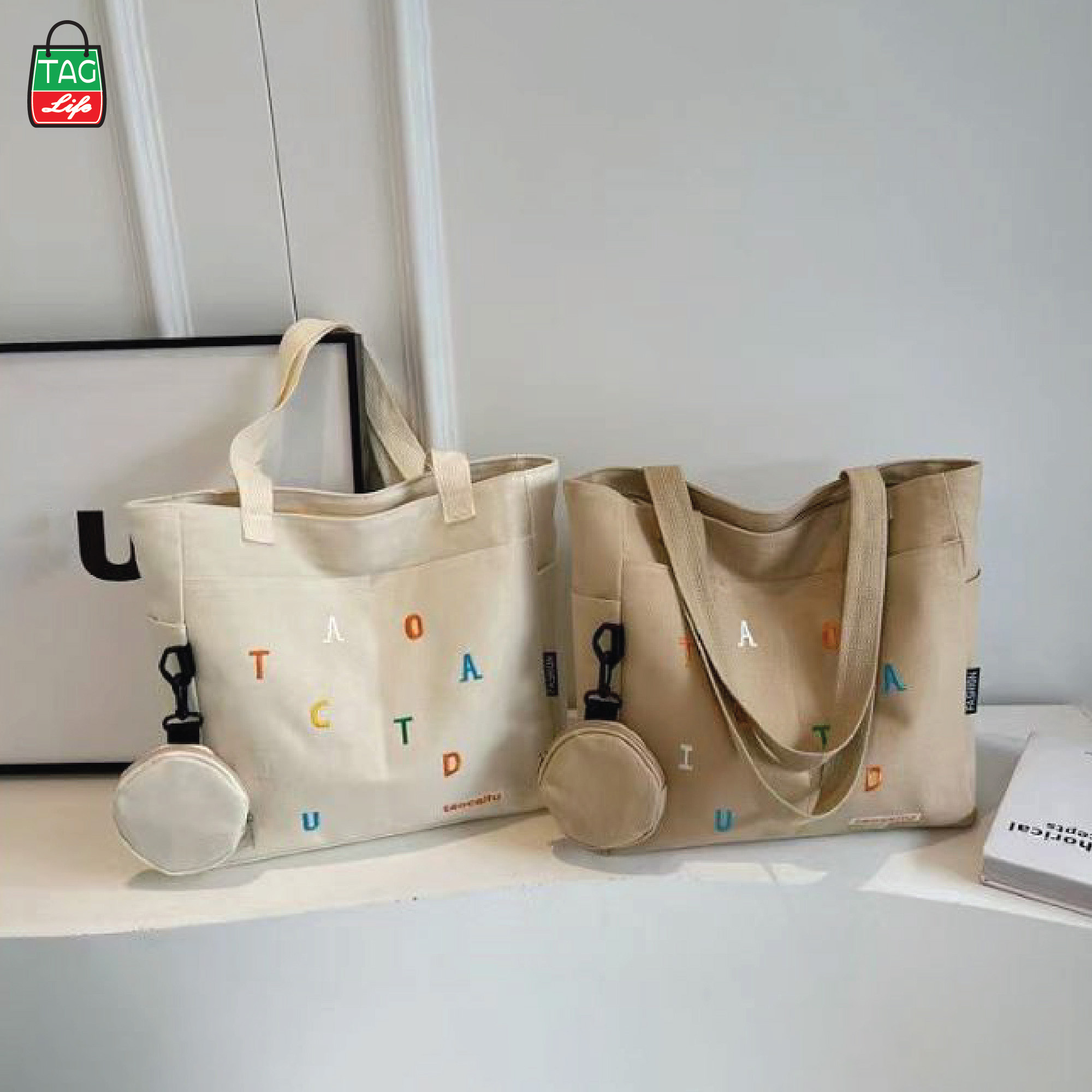 Picture of TAG Lifestyle Exclusive Design embroidery Canvas Tote Bag, Fashionable Top Handle Off White Color With 4 Outside Pockets Trendy Fashionable Tote Bag for University, College Students Girls And Women