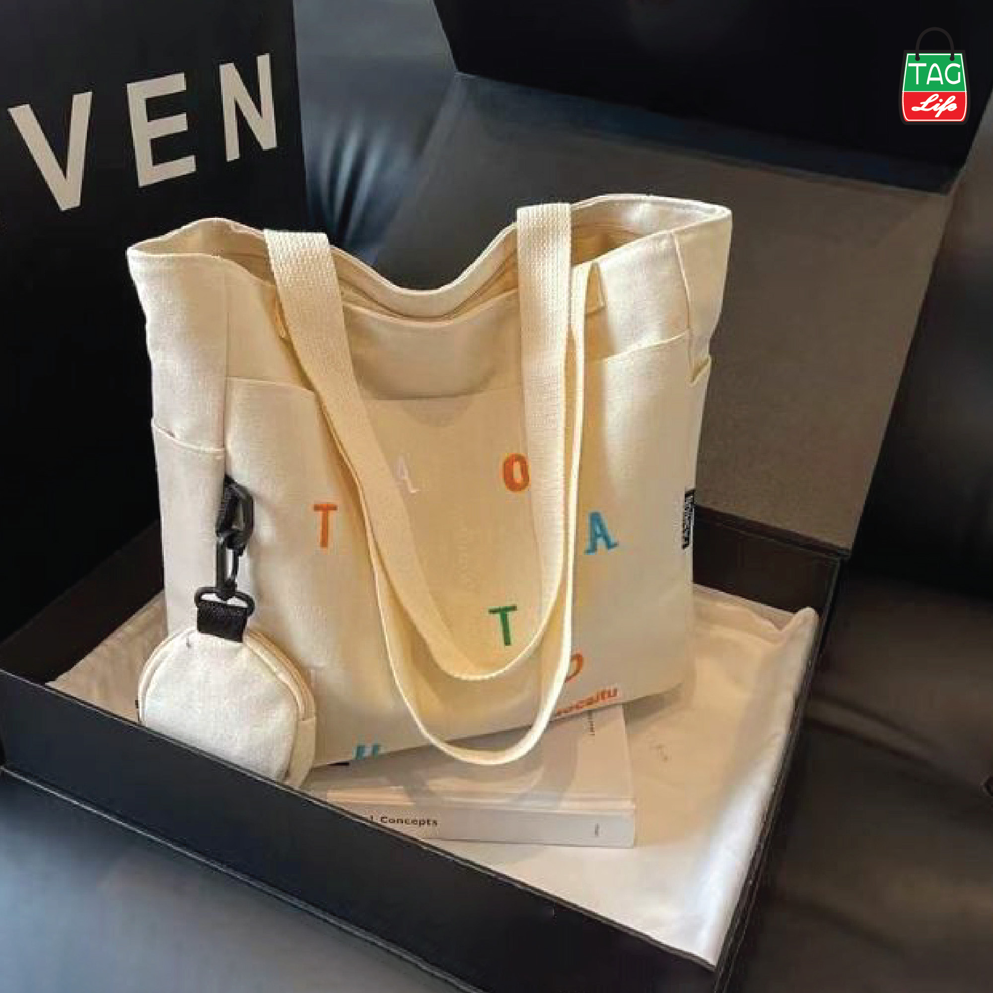 Picture of TAG Lifestyle Exclusive Design embroidery Canvas Tote Bag, Fashionable Top Handle Off White Color With 4 Outside Pockets Trendy Fashionable Tote Bag for University, College Students Girls And Women