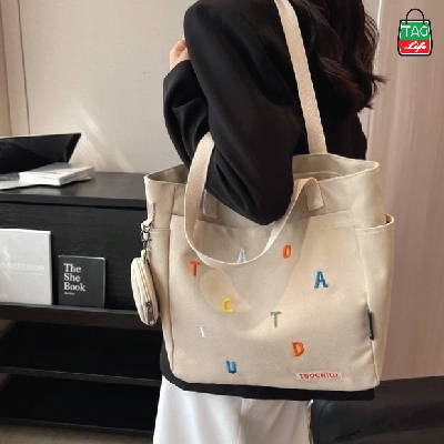 Picture of TAG Lifestyle Exclusive Design embroidery Canvas Tote Bag, Fashionable Top Handle With four Outside Pockets Trendy Fashionable Tote Bag for University, College Students Girls And Women