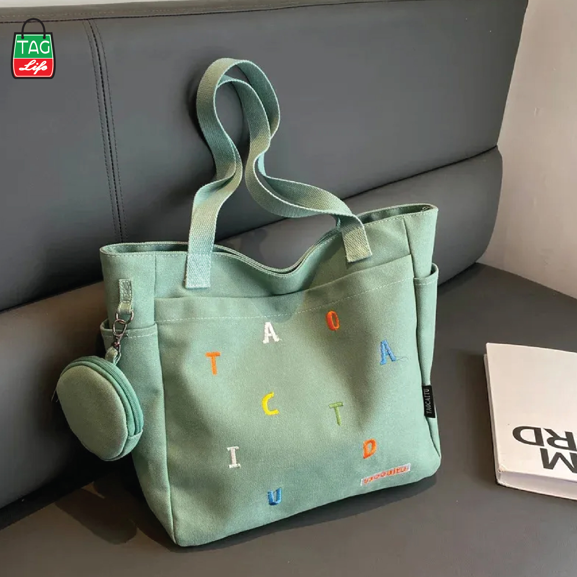 Picture of TAG Lifestyle Exclusive Design embroidery Canvas Tote Bag, Fashionable Top Handle With four Outside Pockets Trendy Fashionable Tote Bag for University, College Students Girls And Women