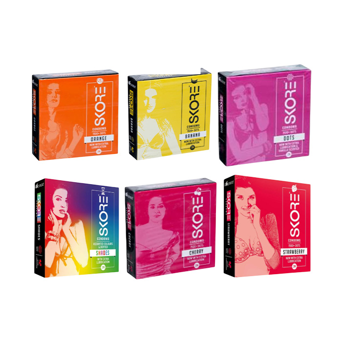 Picture of Skore Condom Valentine Special Pack Skore Strawberry Banana Chocolate Orange Cherry Shades Condom 3s Pack x 6= 18 Condoms Dotted with Extra Lubricated Condoms Made in India