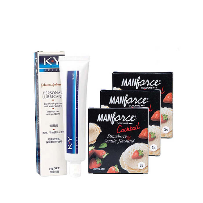 Picture of Condom & Lubricant Combo Pack - Manforce Cocktail Vanilla & Strawberry Condom 3 Combo Pack & J&J KY Jelly Personal Lubricant 50gm Pack