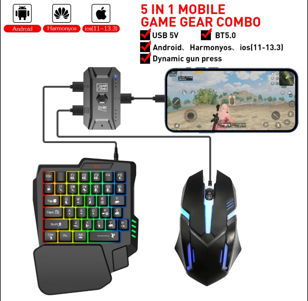 Picture of TechG K190 Mobile Gaming RGB Keyboard & Mouse Converter Combo Support For Android & IOS PC  Mobile Game Accessories