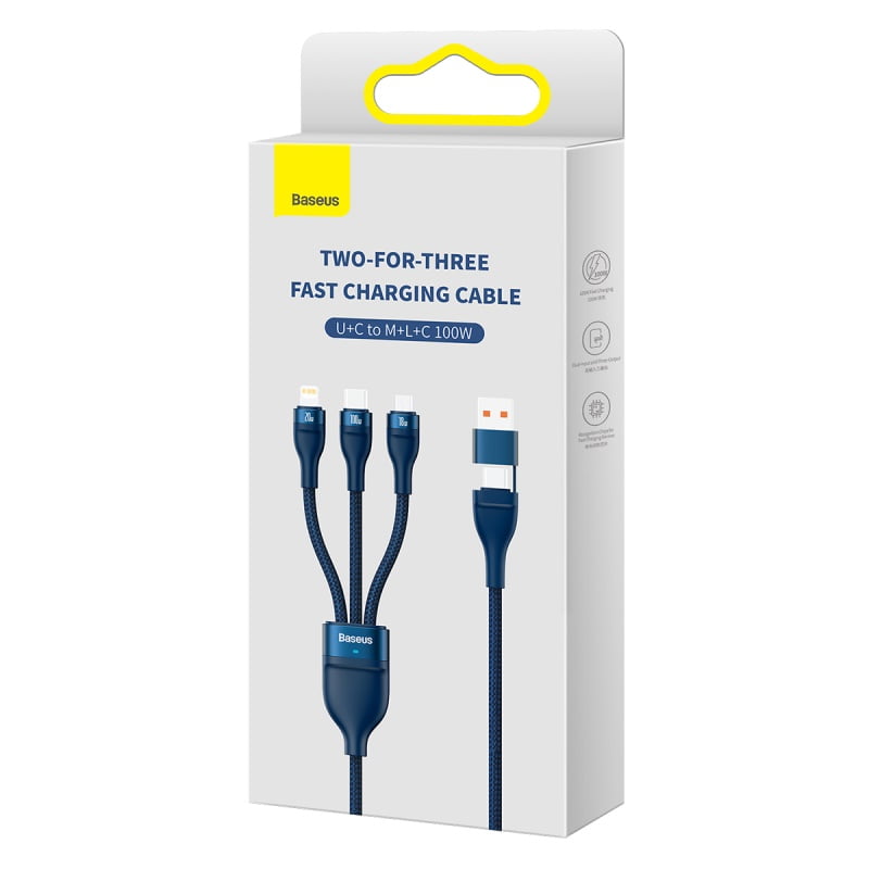 Picture of Baseus Two-for-three Fast Charging Cable (U+C to M+L+C) 100w- Blue