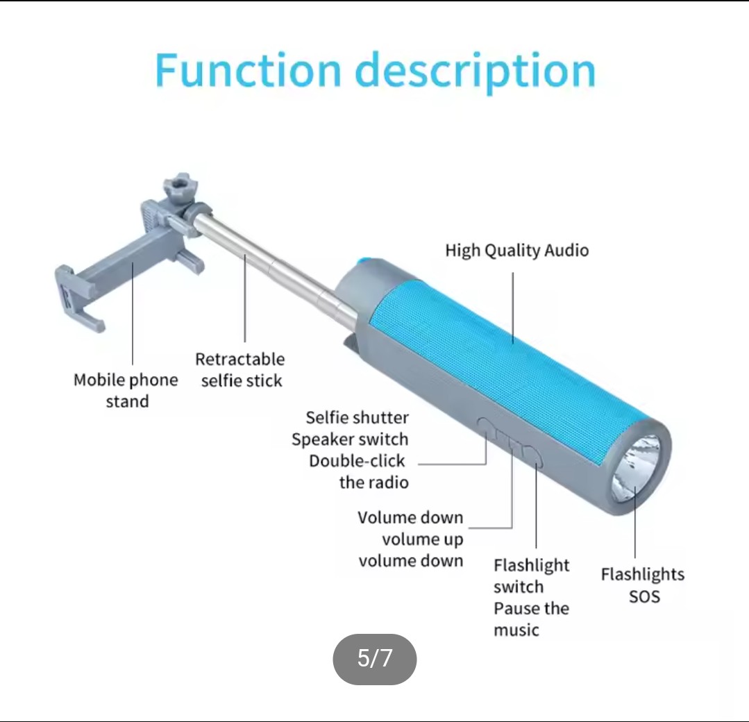 Picture of New 5 in 1 Multifunctional Extendable Selfie Stick Wireless Speaker With Flashlight Power Bank Phone Holder Portable Speakers